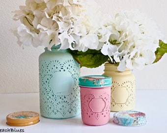 Kitchen Canisters / Utensil Holders / Painted Mason Jars / Vase / Home Decor / Summer Decor / Yellow Aqua Pink / Kitchen Decor Set of 3