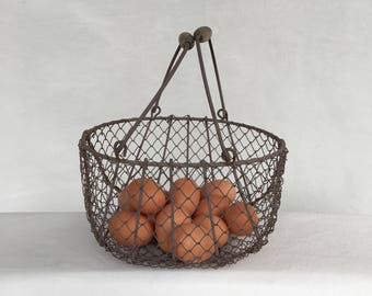 Medium Size Vintage Wire Egg Basket with Double Wood Handles Oval 10 x 8 Farmhouse Kitchen Display