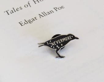 The Raven Enamel Pin - Edgar Allan Poe Enamel Pin Badge - Gothic Literature Collection - Book Lover - Nevermore - Black and Silver Pin