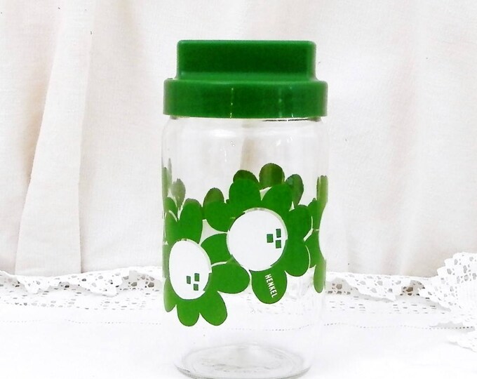 Vintage French Airtight Henkel Glass Storage Jar with Green Flower Design, 1960S Vintage Kitchen Decor, Retro Kitchenalia from France