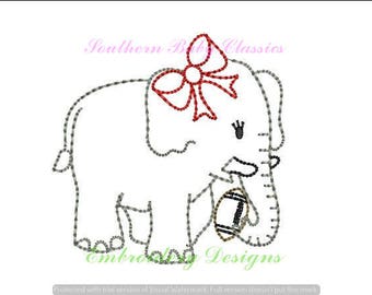 Elephant Football Girl Bow Vintage Bean Quick Stitch Line Work Design File for Embroidery Machine Instant Download Girl Hand Stitched Look