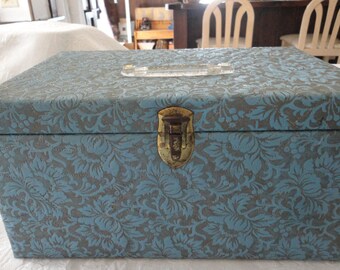 Sewing Storage Box Light Blue Vinyl Floral Motif Craft Supplies Vintage Container