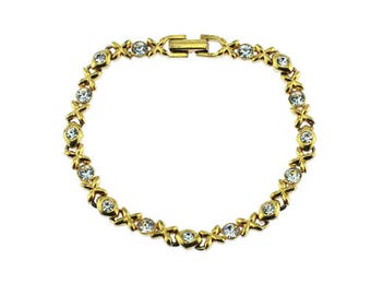 Gold and Rhinestone Bracelet, Gold Chain Bracelet with Rhinestones, Gold Link Bracelet