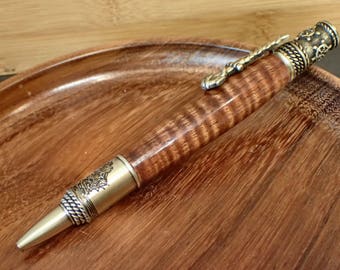 Curly Koa Pen, Hand Turned Nautical Style Antique Brass Twist Pen Made From Exhibition Grade Curly Koa