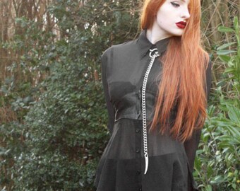 FORBIDDEN - O Ring Chain Choker with Long Leash & Spike Pendant - Shiny Silver