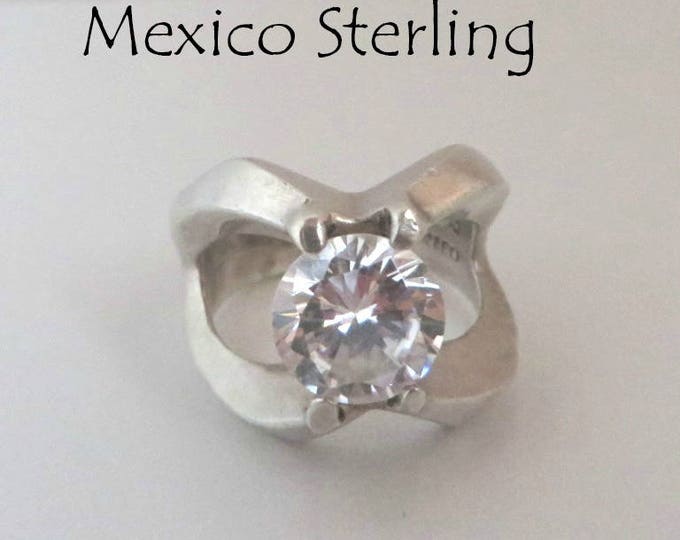 Sterling Silver Ring, CZ Ring, Mexico Silver Ring, Vintage Statement Ring, Gift for Her, Size 8.5