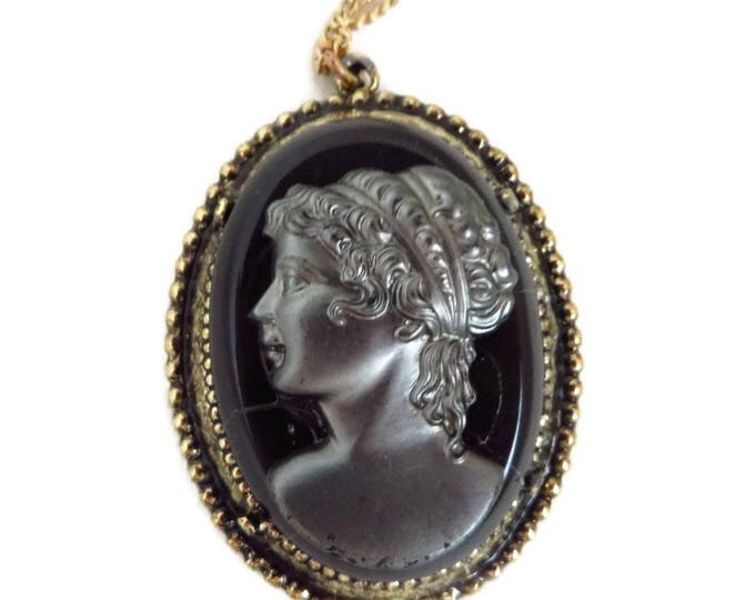 Vintage Cameo Necklace | Black Gray Glass Pendant | Gold Tone Chain Necklace | Flawed Cameo