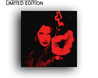 5X5 Photographic Print: Femme Fatale, Woman, Portrait, Gun, Revolver, Pop Art, Modern, Rock n Roll, Red, Black, Halftone, Grindhouse