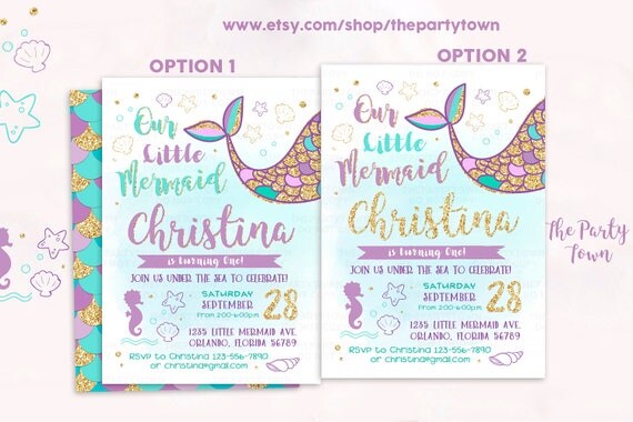 Mermaid Invitation, Mermaid Birthday Invite Teal Purple Gold Sparkle, Under The Sea Invitation, First, 1st Summer Pool Beach Party Printable Il_570xn
