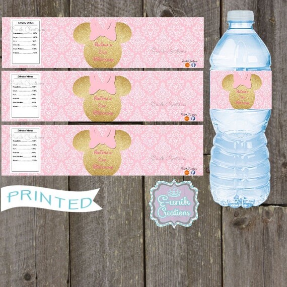 20 Minnie Mouse Pink and Gold Water Bottle Labels