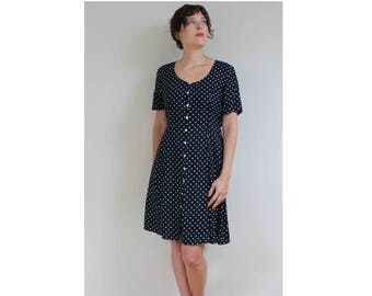90s spotty navy dress 1990s teadress tea spot navy dress 90s dotty navy white 90s dress short sleeve dress polka dot 1990s dress size 12