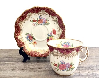 Vintage Hammersley Tea cup and saucer Demitasse Maroon Tea cup, Red Teacup, Gold Filigree Lace, English China, S-469