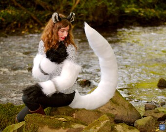 White Fox Ears, White Fox Tail, Fox Costume set, fursuit paws, fursuit tail, fursuit, realistic ears, pet play, kitten, LARP, BDSM, Theatre