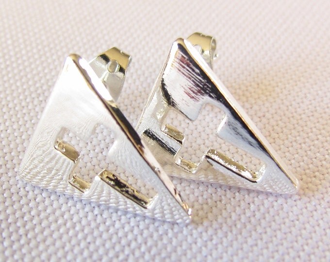 Tiny Silver or Gold Cross Earrings Cast Stud Triangle Modern Design Womans Girls Christian Jewelry - Saint Michaels Jewelry