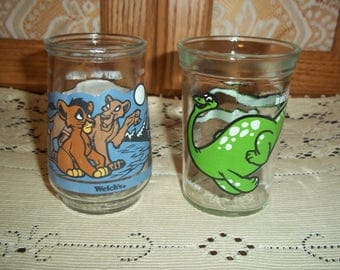 Welch's Vintage Jelly Jar Glasses Lion King Simba's Pride n Green Brontosaurus Juice Tumblers Collectible Glassware Excellent Condition