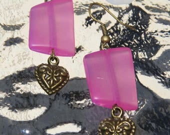 Earrings bronze heart and pink rectangle by JosieCoccinelle
