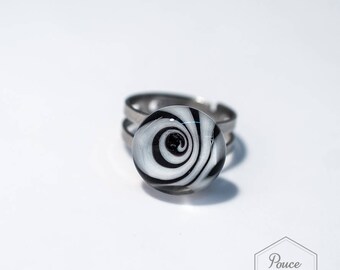 Bague noir et blanche en spirale, ajustable en verre et acier chirurgicale