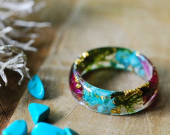 Turquoise Ring, Raw Stone Ring, Flower Resin Ring, Gemstone Ring, Boho Ring, Blue Ring, Birthstone Ring, Girlfriend, Raw Turquoise Jewelry