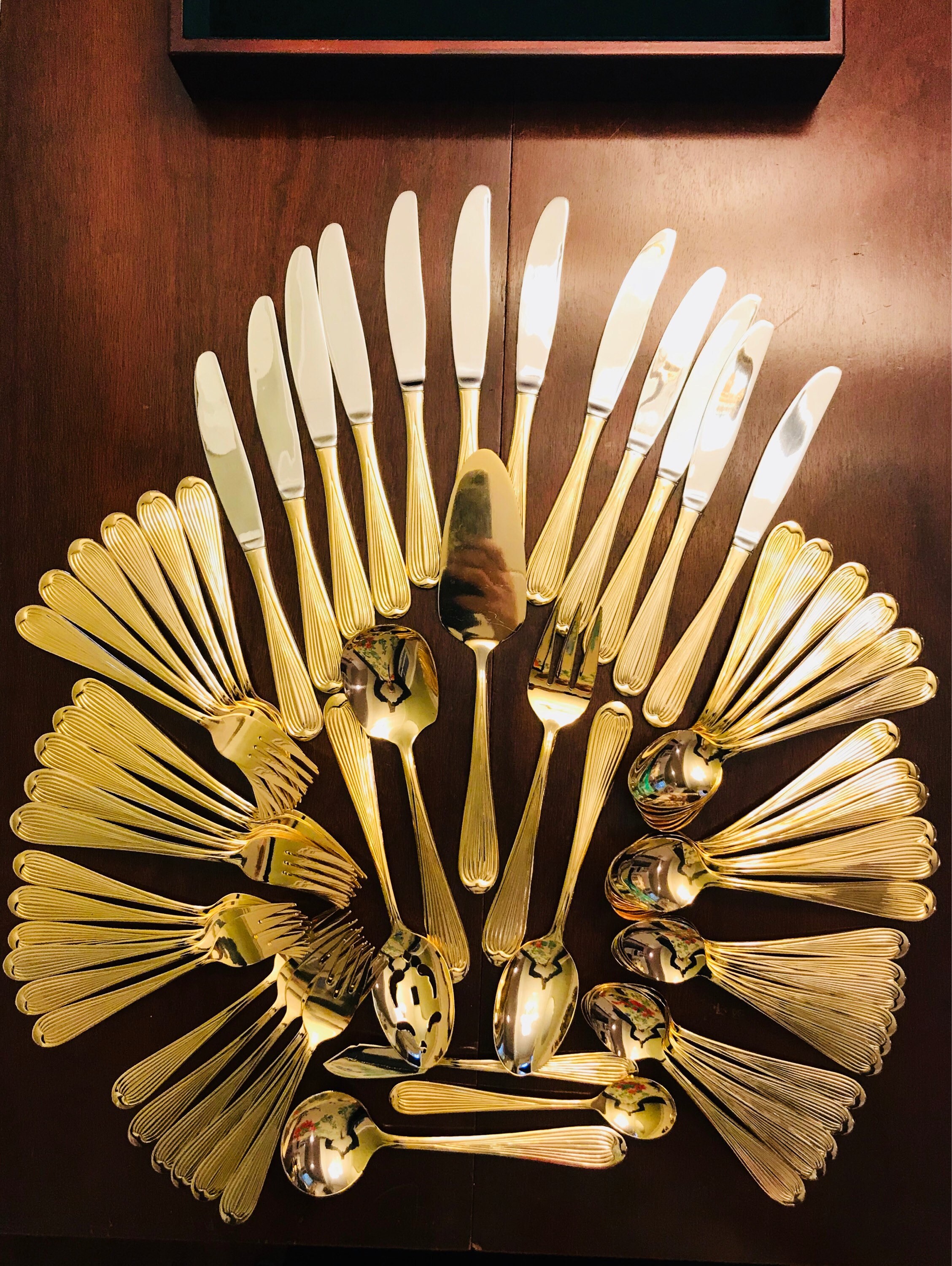 Gold Flatware Set, complete 68 piece, service for 12, Bonus Hostess