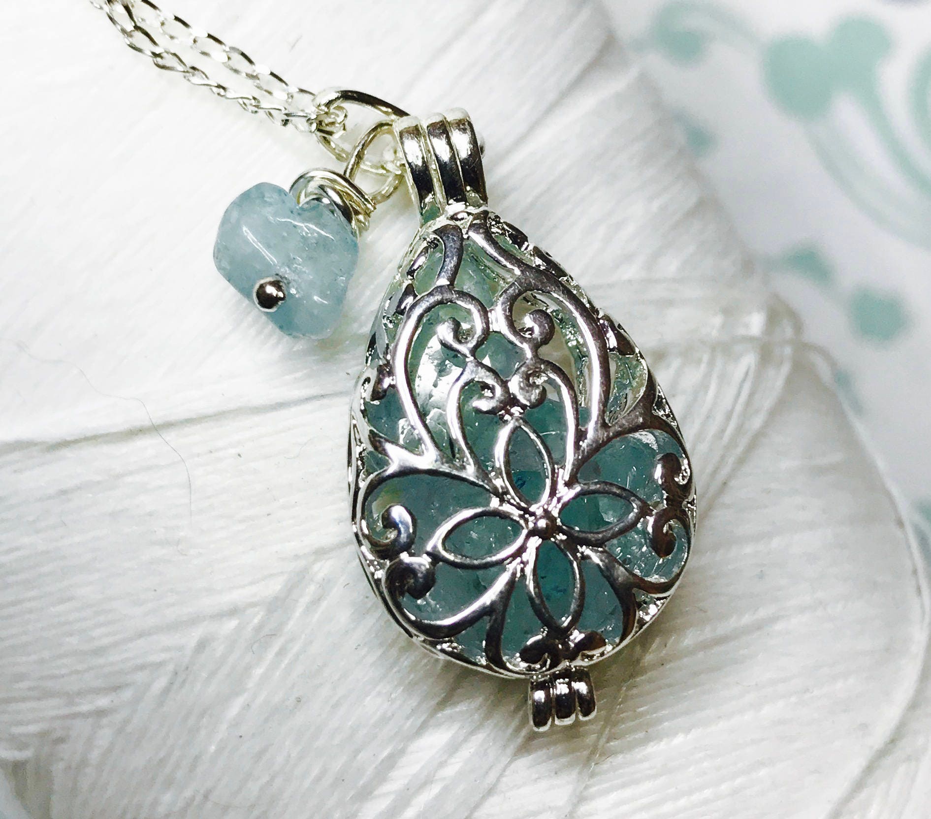 Worry Locket aquamarine tear locket / birthstone necklace