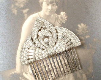 Edwardian/Art Deco TRUE Vintage 1920s Rhinestone Fan Bridal Hair Comb, Pave Crystal Heirloom Dress Clips Hairpiece, Great Gatsby Wedding