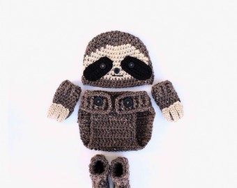 Baby Sloth Outfit, Sloth Costume,Baby Halloween Costume, Hat, Diaper Cover, Booties and Mittens with Claws, Photography Prop, New Mom Gift