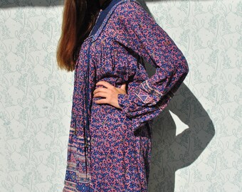 Indian Gauze Cotton Roll Tab 3/4 Sleeve Long Tunic Loose Fit Shirt Dress  Sita (#36, Regular) main image 1