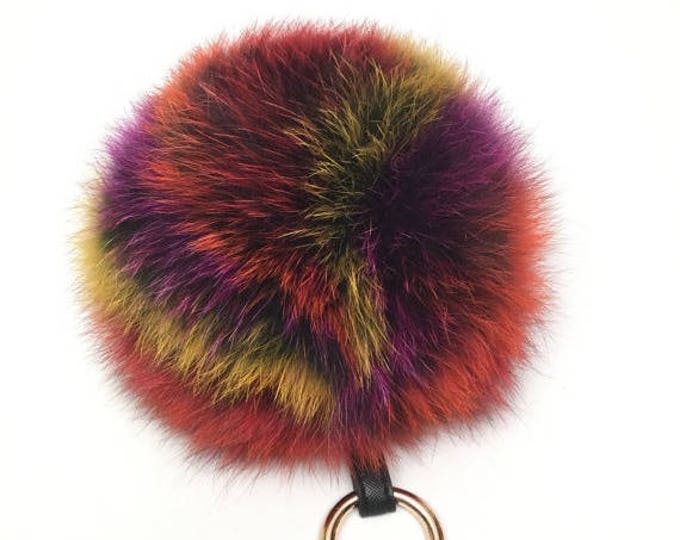 Luxury Oversized Genuine Fox Fur Pom Pom Keychain Bag Pendant Multicolor frost 14 cm diameter