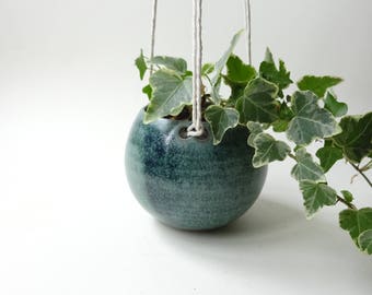 Small Hanging Planter - Hanging Vase for succulent plants, cacti, and small plants - Blue Green Handmade Ceramic hanging planter - Pottery