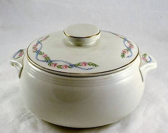 Hall China Casserole w/ Lid Wildfire Pattern - Lugged Handles or Tabbed Handles - Roses in a Blue Ribbon - 1950s