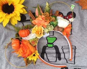 Pumpkin spice latte ears, psl ears, fall floral, leaves, halloween, mnsshp, disney ears, minnie ears, starbucks ears, pumpkin ears
