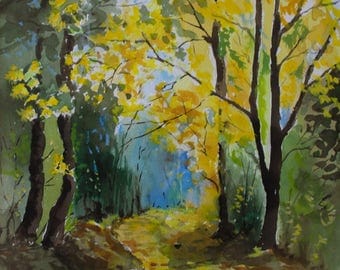 table watercolor of a wood yellow vertmarron