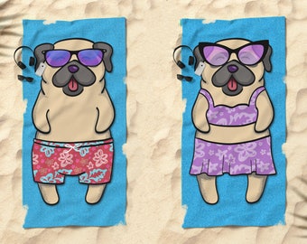 Pug Beach Towel - Pug Gift - 30" x 60" or 36" x 72" - Gift for Pug Lovers - Choose between Boy or Girl Sunbathing Beach Pug