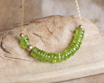 Peridot Row Necklace in Silver or Gold, August Birthstone, Peridot Jewellery, August Necklace, Gemstone Bar Necklace, Birthstone Jewellery