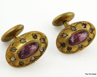 Antique Victorian Cufflinks Probably Womans Purple Stone Bean Back