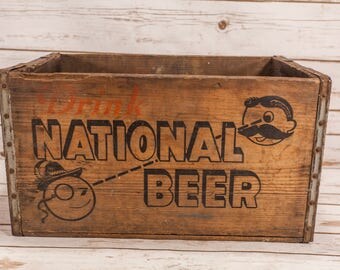 Vintage National Beer Wooden Crate Box Metal Rustic Carrier Black Red ACME Box Co. Man Cave Bar Advertising