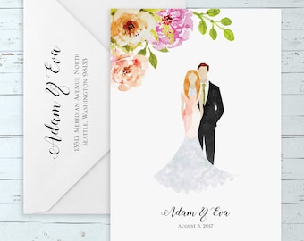 Watercolor Floral Wedding Invitation Set w/ Custom Watercolor Portrait - (Elegant, Romantic, Rustic, Boho Wedding Suite w/ Custom Portrait)