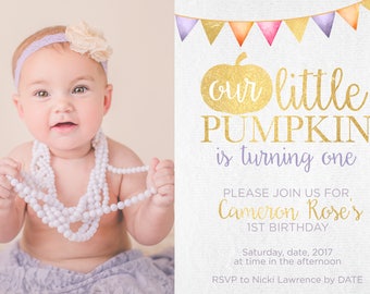 Our Little Pumpkin Is Turning One / Baby's First Birthday / Fall Baby / Fall Birthday / Gold / Bunting Banner / Purple
