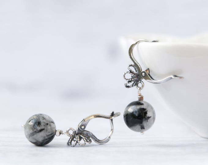 Tourmalated quartz earrings, Mismatched earrings, Black gemstone earrings, Asymmetrical earrings, Tourmalated quartz jewelry