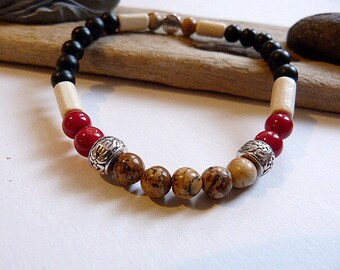 Bracelet homme ou mixte en onyx, quartz et jaspe bois, style ethnique