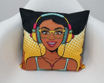 Curly Black Girl Printed Popart Pillow Case 17x17 Cushion Covers