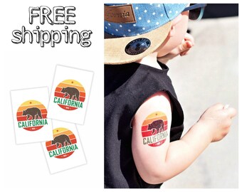Set of 3 temporary tattoos «California». Kids body stickers with Cali lettering and grizzly bear. Playdate and party bag supply. TT209