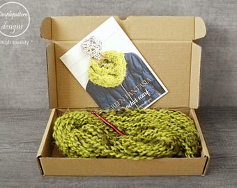 CROCHET KIT - Fantasia infinity crochet scarf, beginner crochet scarf, yarn,pattern and hook in a box, green,pink,purple
