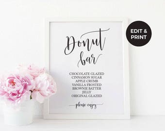 Donut Bar Printable sign, Donut Bar, Donut Flavors Sign, Printable Wedding Donut Sign, Custom Donut flavors sign, wedding sign template