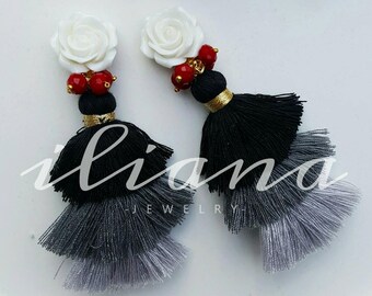 Triple Tassel Flower Maxi Clip On Earrings - 15cm