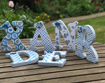 20cm ~Baby boy~personalised~wooden letters~elephant nursery decor~free standing~wall hanging~custom made~green blue white~baby shower decor