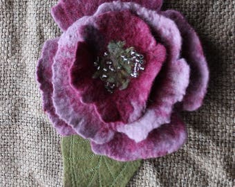 Felted peony flower pin hand felted brooch pink