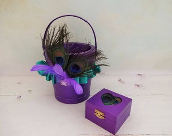 Peacock Wedding Set, Flower Girl Basket and Wedding Ring Box, Purple Wedding Ring Box, Peacock Wedding Ring Box, Peacock Wedding Bucket