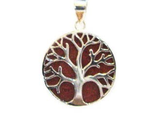 Coral Pendant Necklace, Tree-Of- Life Pendant, Sterling Silver Pendant, Unique Coral Pendant, Red Silver Necklace, Double Sides Pendant, Red