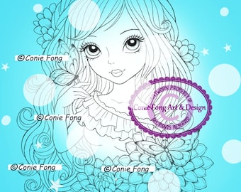 Digital Stamp, Digi Stamp, digistamp, Delilah by Conie Fong, Coloring Page, birthday, girl, flower, butterfly, dahlia